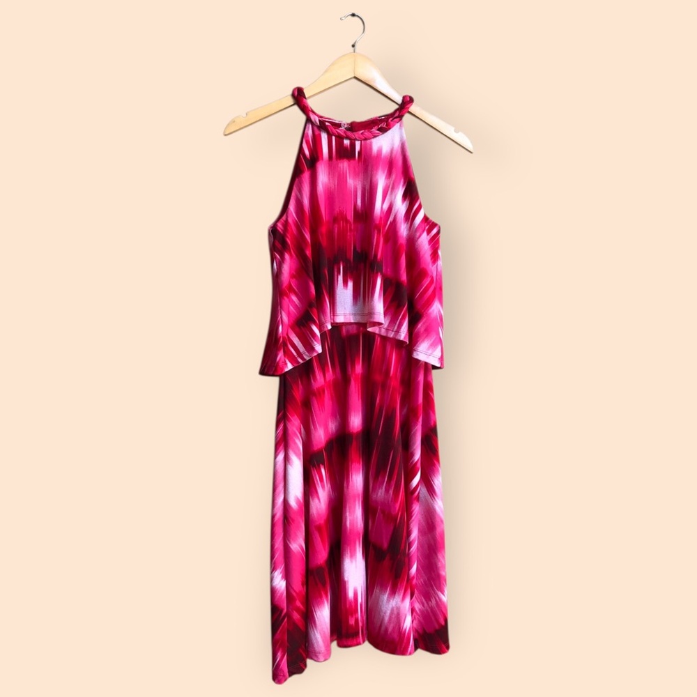 Maggy London Sleeveless Pink Tie-Dye Geometric Party Dress Braided Neck Women 2